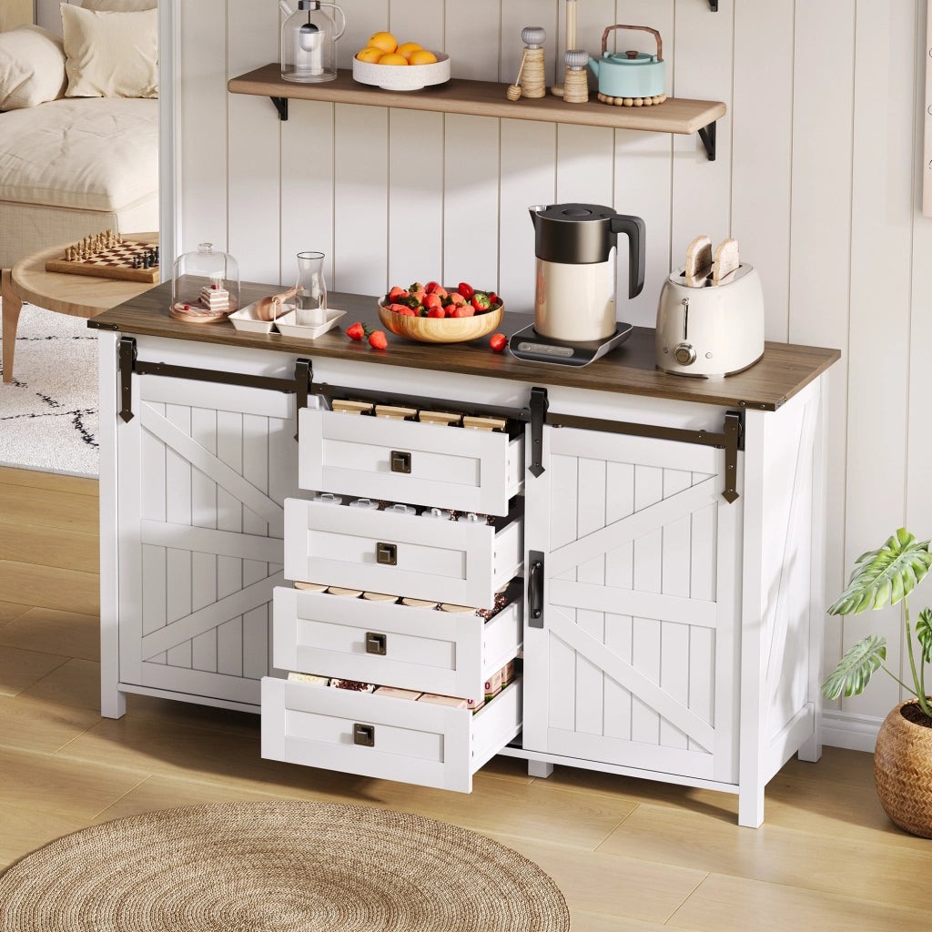 Credenza con 2 ante scorrevoli e 4 cassetti - per cucina e soggiorno - in MDF - 137 x 40 x 81.5 cm - bianco
