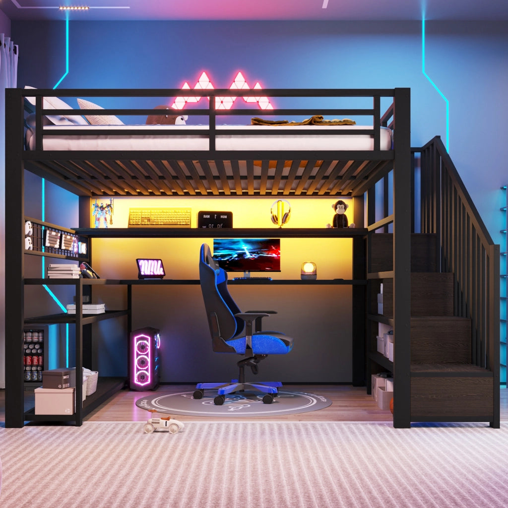 Letto a Soppalco 140x200 cm; Letto Singolo - LED RGB; Scrivania; Armadio e Contenitore - Nero
