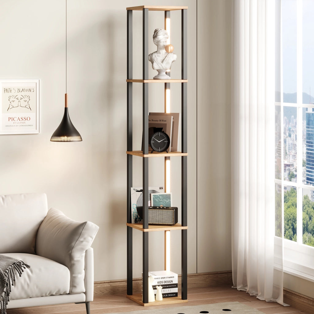 Scaffale con Illuminazione LED ¨C MINIMAL ¨C Legno Naturale e Nero, 4 Ripiani, 26x26x165 cm