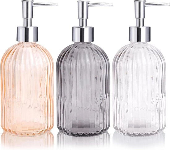 Confezione da 3 pezzi, Dispensatore di sapone liquido per mano in vetro chiaro 14oz con pompa in plastica resistente all'ossidazione - Dispensatore di sapone liquido riutilizzabile per il bagno e il piano di lavoro della cucina