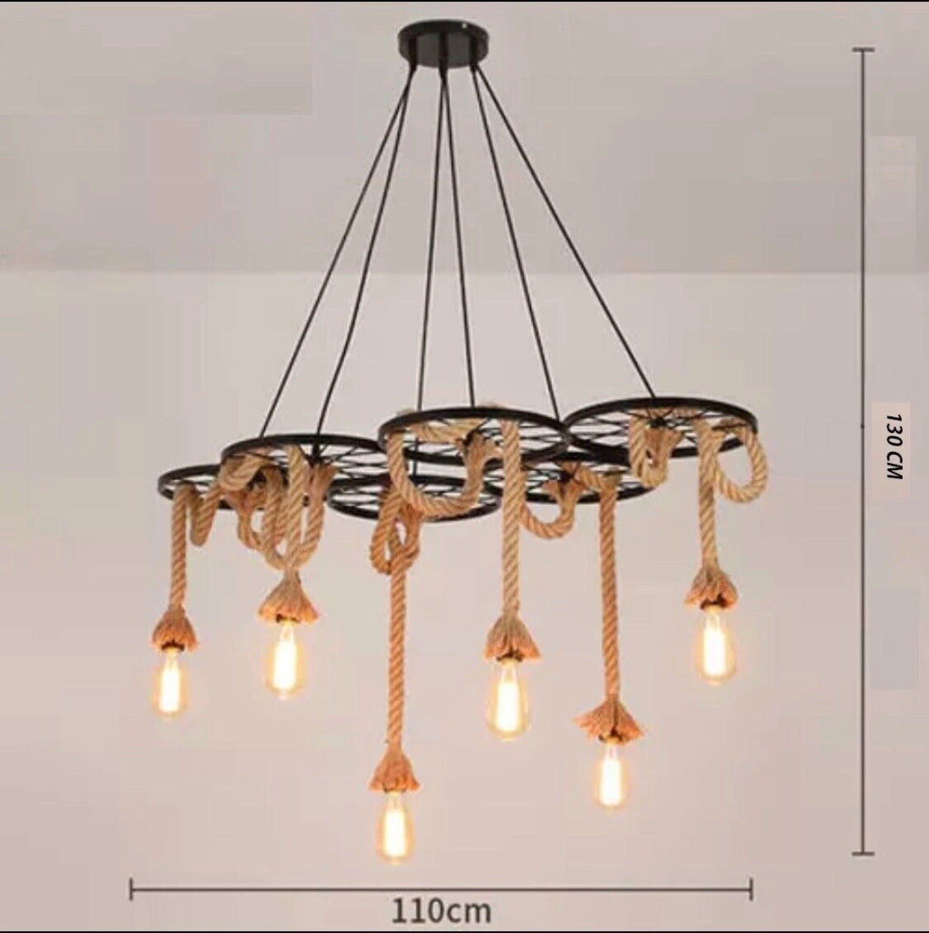 Lampadario a sospensione soffitto stile rustico country 6 corde canapa e Ferro