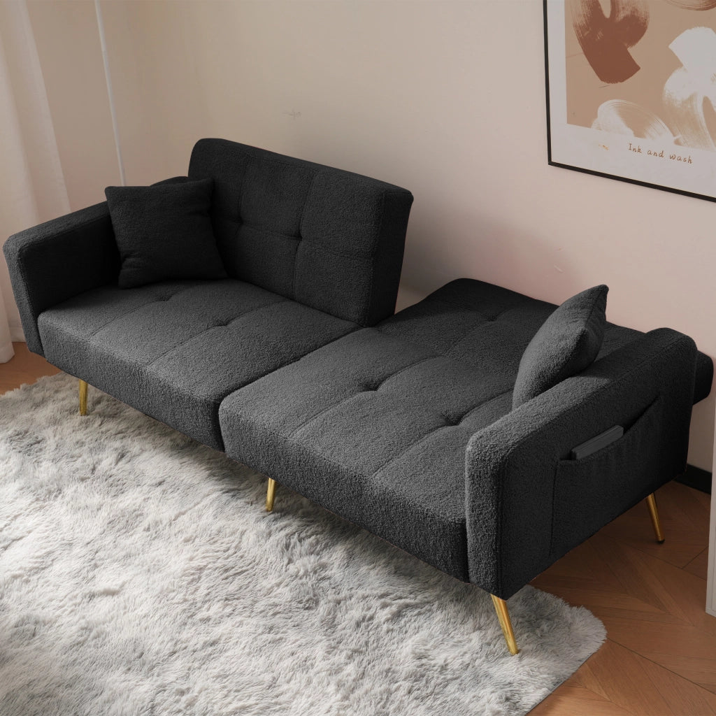 Divano Letto 2 Posti Convertibile Schienale Regolabile 105-180° con Cuscini e Tasche Laterali Struttura Legno in Sherpa Grigio Antico