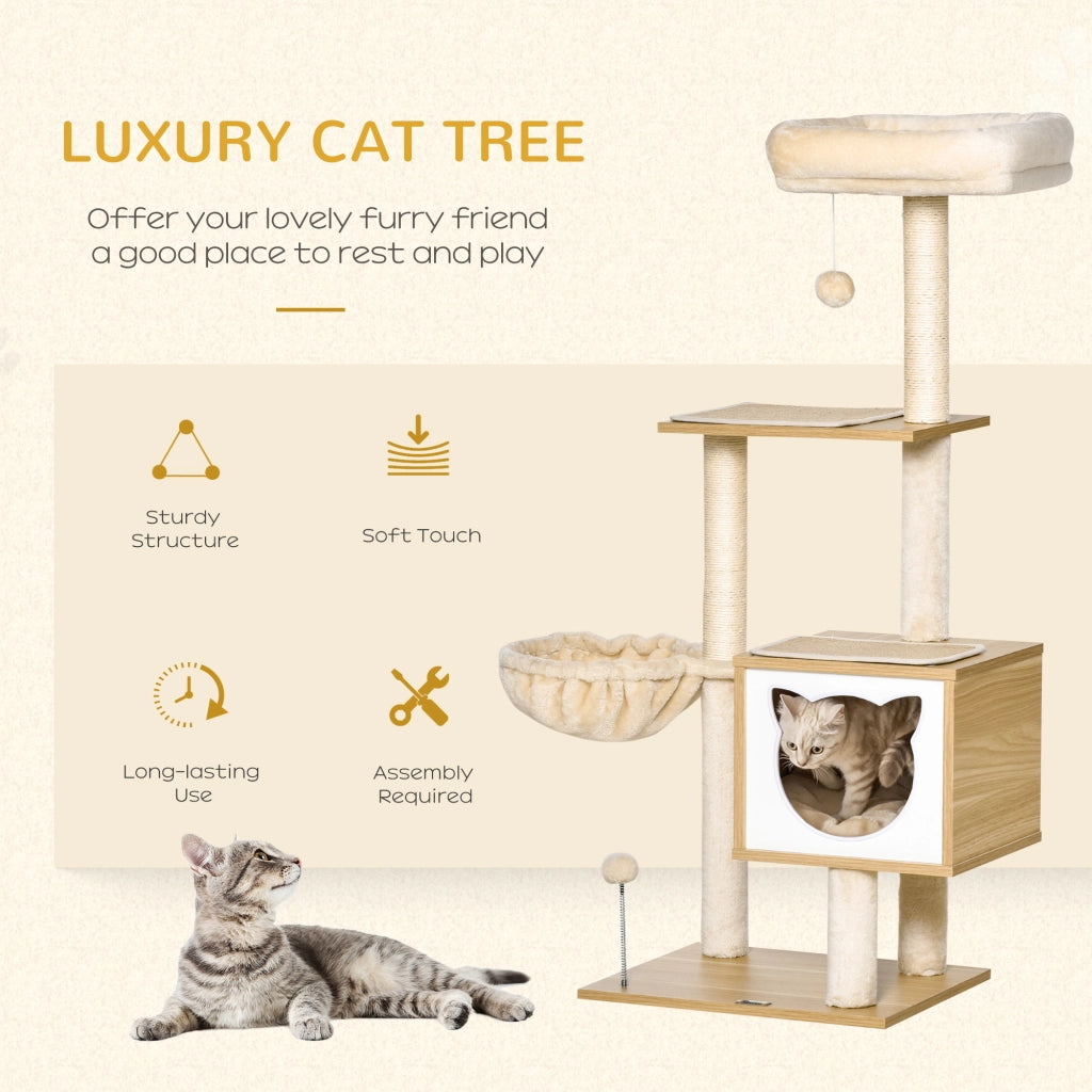 Tiragraffi per Gatti con 2 Pali Casetta e Lettini 48x40x126 cm in Legno Peluche e Sisal Beige