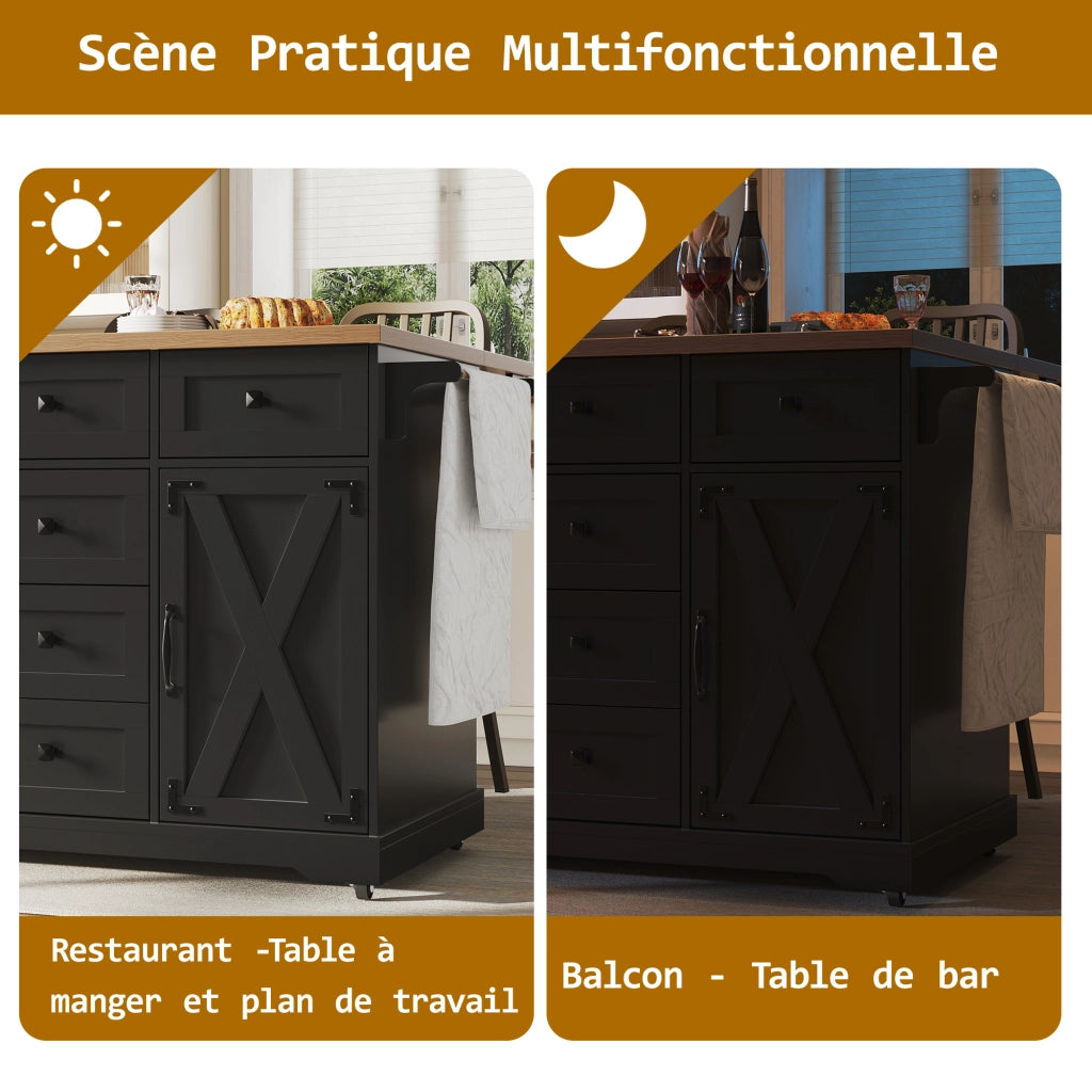 Carrello da Cucina Pieghevole con Piano Ribaltabile e Vano Contenitore; in MDF e Metallo; per Cucina o Sala; Nero