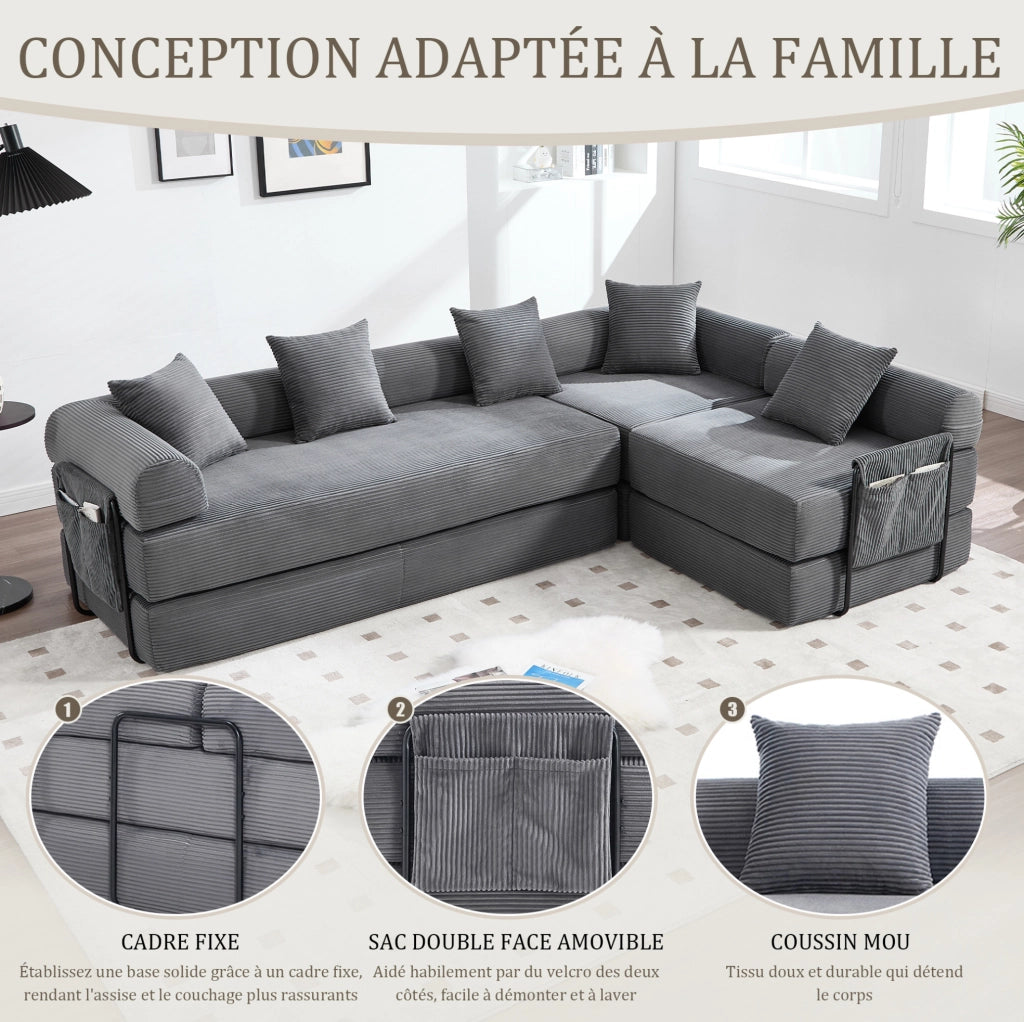 Divano modulare con tasca laterale e funzione letto 270x180x64 cm; in velluto corduroy grigio scuro