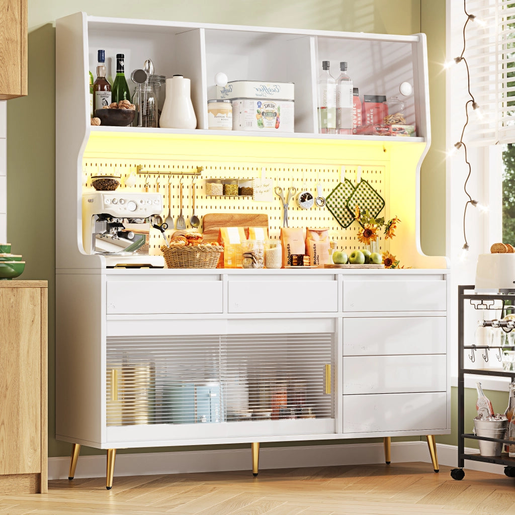 Credenza Alta con Ante Scorrevoli e LED con controllo da applicazione; in MDF e Vetro; 145 x 39 x 171 cm; Bianco