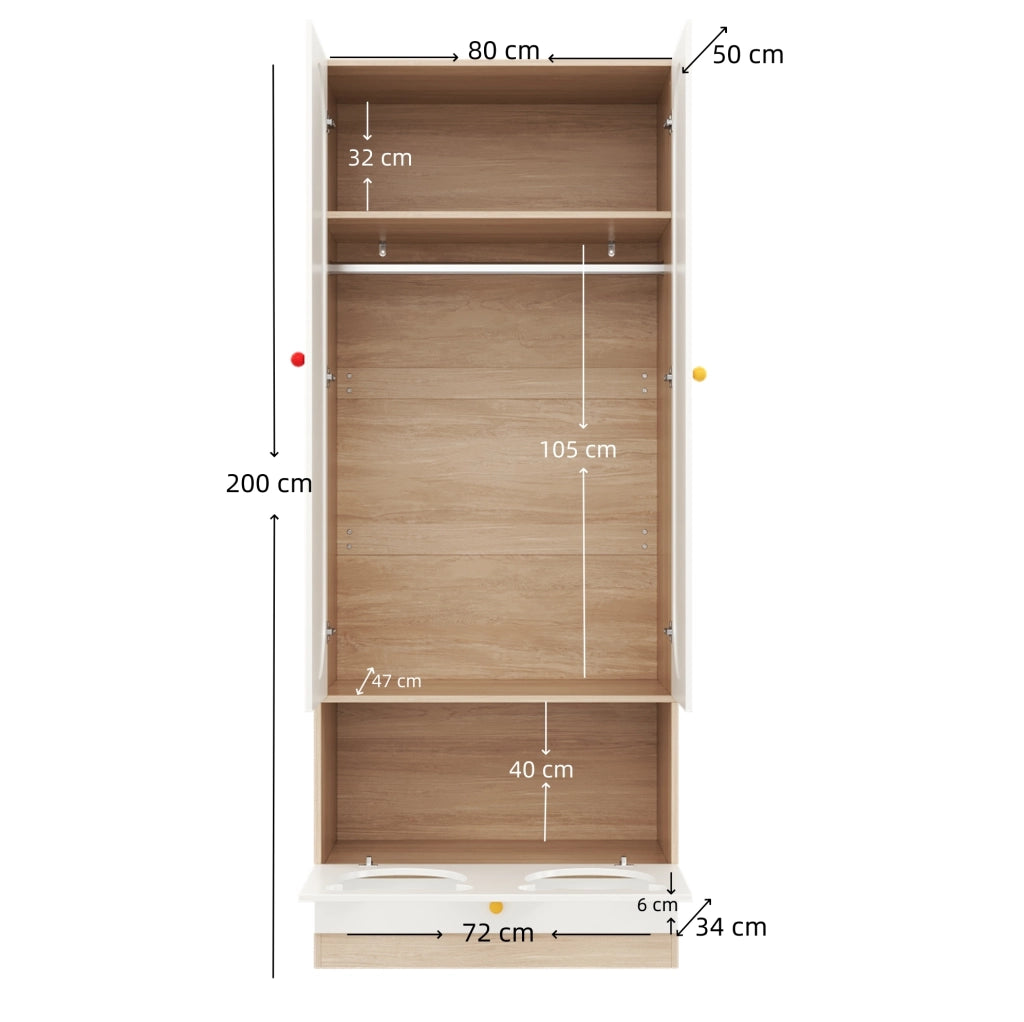 Armadio per cameretta con appendiabiti e cassetti in MDF colore naturale e bianco
