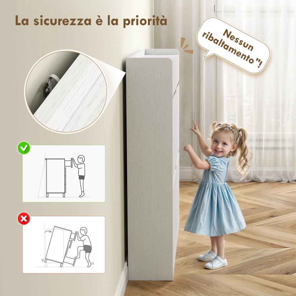 Scarpiera Slim 98x19,2x95,3 cm con 4 Ante a Ribalta e 2 Cassetti in Legno Bianco