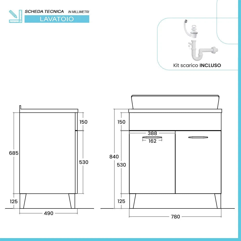 Mobile lavatoio 80x50 cm grigio calce vasca in resina e kit di scarico Moon