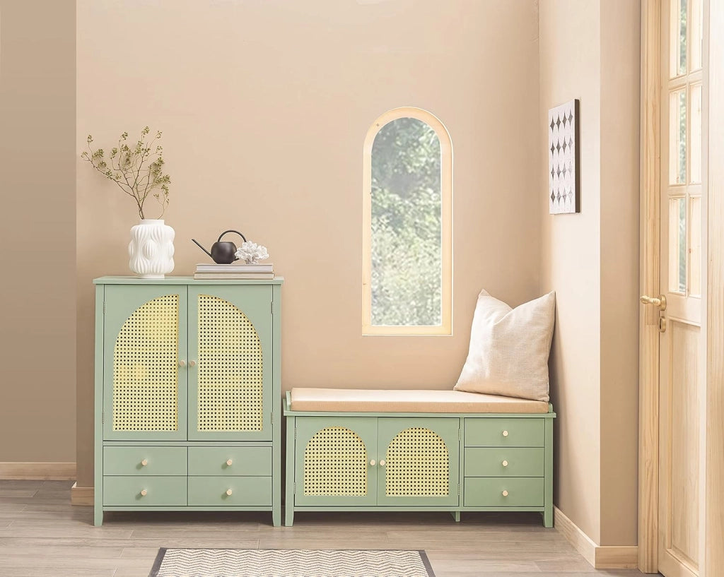 Credenza Cucina Mobile Ingresso Salvaspazio – Mobiletto con Ante a Traliccio e Ripiani Regolabili – Stile Moderno per Soggiorno o Ingresso – Verde, 70x34x90cm, 50kg, FSB72-GR