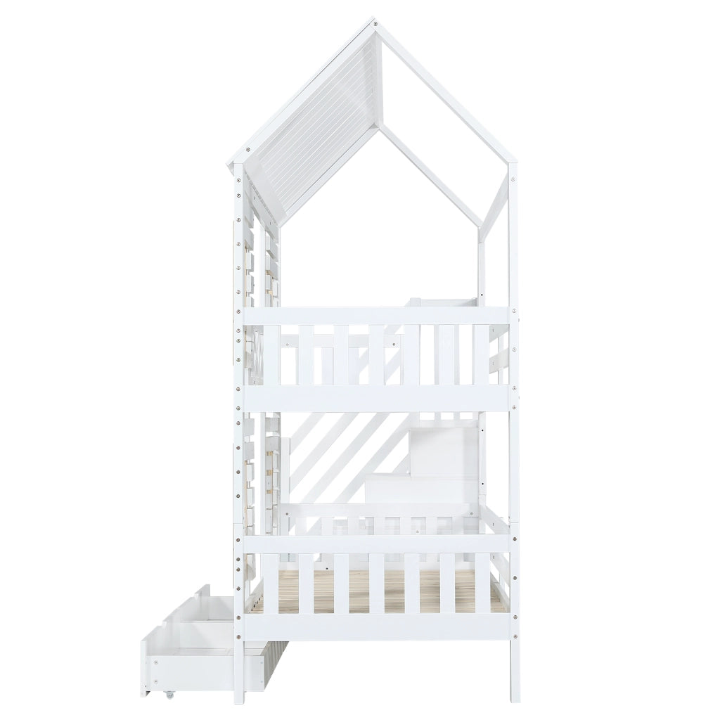 Letto a Castello 90x200 cm; Letto per Bambini - Finestre; 2 Cassetti; Scala 4 Scomparti