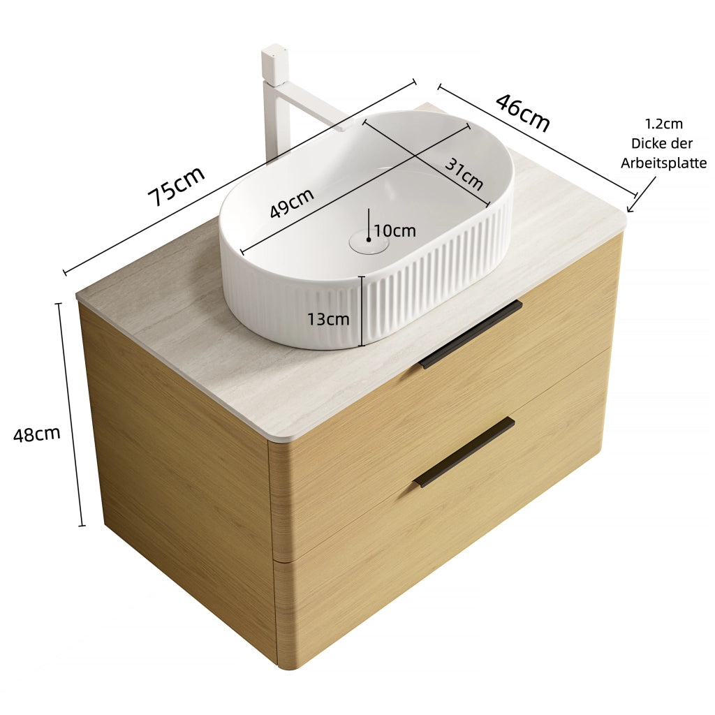 Mobile sottolavabo sospeso da bagno con lavabo ovale in ceramica, piano in travertino e 2 cassetti, 75 cm