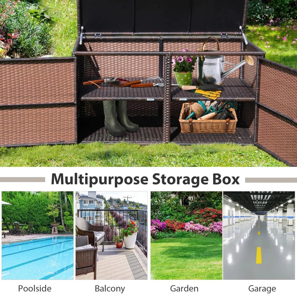 Cassapanca Contenitore da Esterno da 330L in Rattan, Telaio in Acciaio, Baule da Giardin Resistente ai Raggi UV, Mobile Balcone Impermeabile a 2 Ripiani per Cortile, 115x60x65 cm (Marrone)