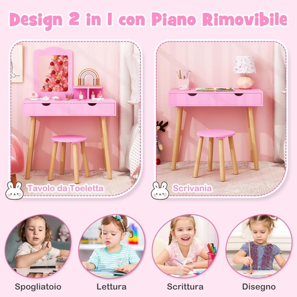 2 in 1 Set Toeletta per Bambini, Postazione Trucco in Legno con Sgabello, Specchio Rettangolare Staccabile e 2 Cassetti Capienti, Ideale per Bambini dai 3 ai 7 Anni (Rosa Scuro)
