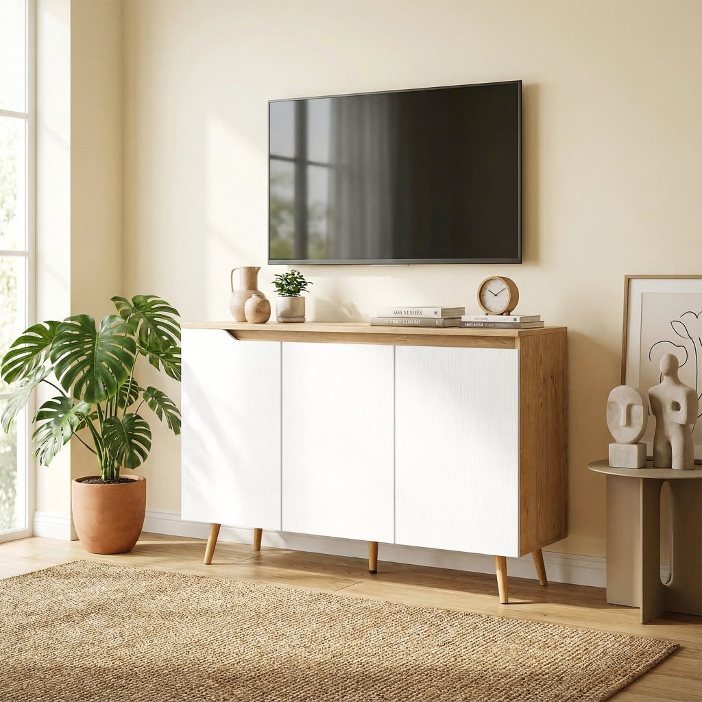 Credenza Moderna 107x35x76,5 cm a 3 Ante con 3 Ripiani Regolabili e 5 Gambe in Legno Bianco e Rovere
