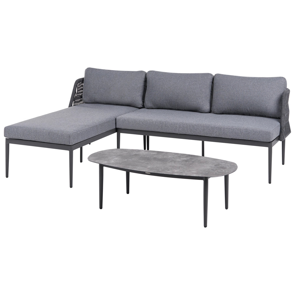Set da salotto a 3 posti grigio con divano angolare destro in tessuto con struttura in alluminio e tavolino Elegante set da giardino Patio