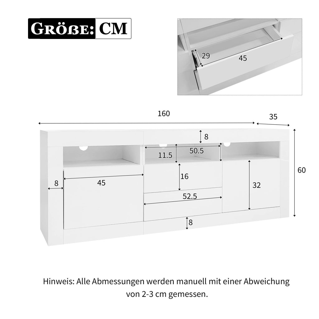 Mobile TV bianco lucido 160x35x60 cm con LED, 2 ante e 2 cassetti