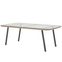Tavolino da Giardino in Rattan PE con Piano in Vetro e Acciaio, 110x60x40 cm, Legno Naturale