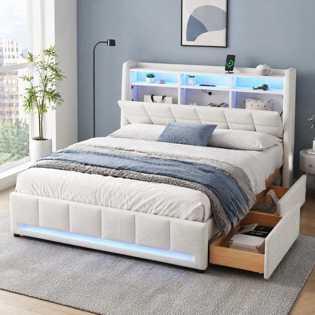 Letto imbottito 140 x 200 cm in lino e MDF, beige, con LED APP, USB, 2 cassetti e vani contenitore, senza materasso