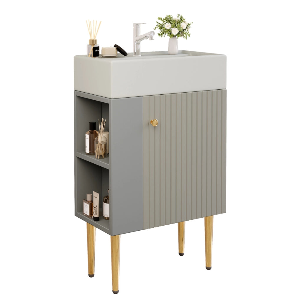 Mobile sotto lavabo da bagno con lavabo in ceramica; vani laterali; per bagno piccolo; grigio e bianco