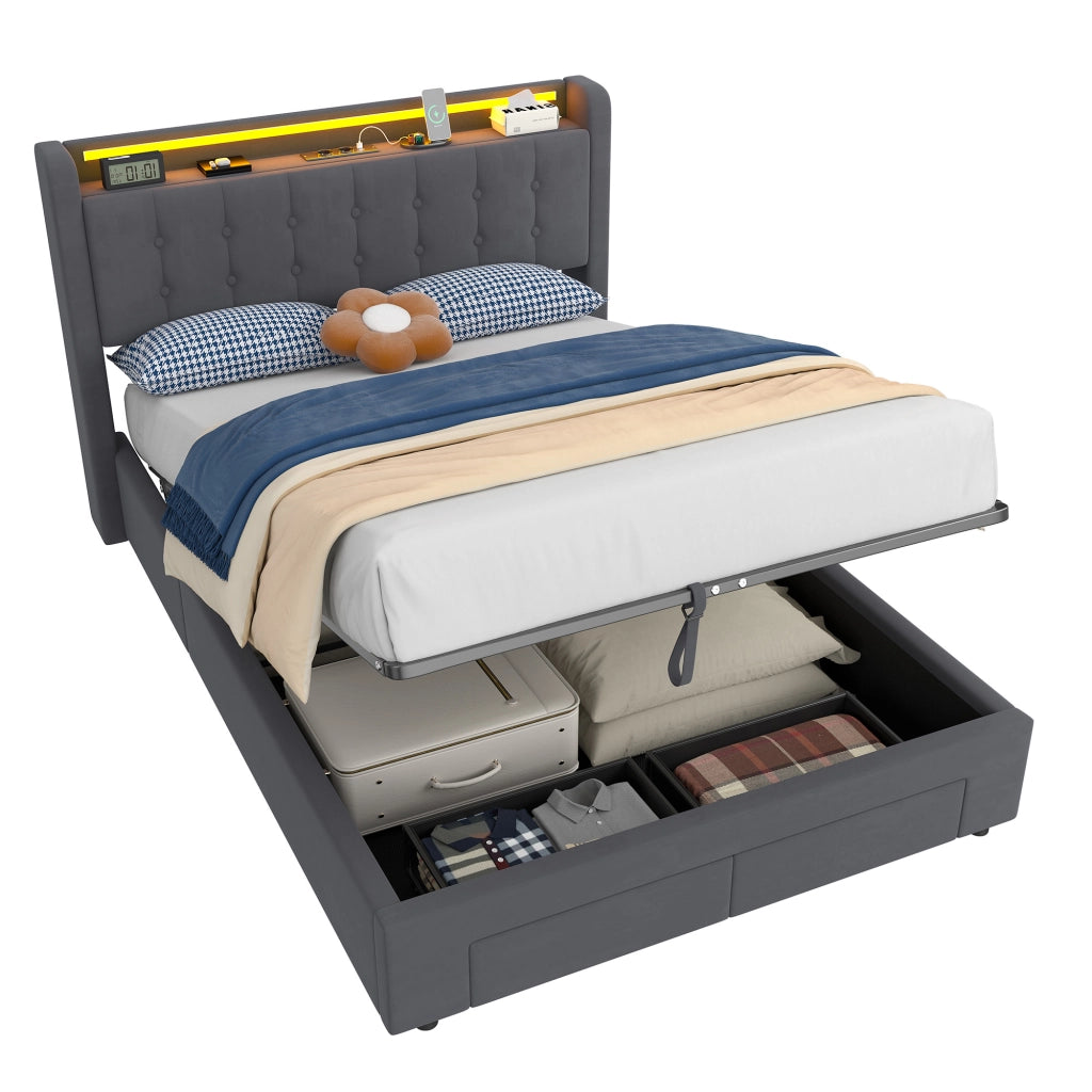 LETTO Imbottito 140 x 200 cm in Velluto con LED, USB e 2 Cassetti