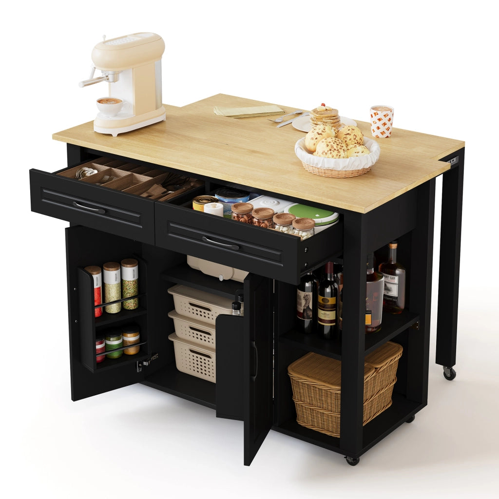 Isola Cucina Mobile Allungabile 120 cm ¨C MINIMAL ¨C con Cassetti, Ante e Prese Elettriche