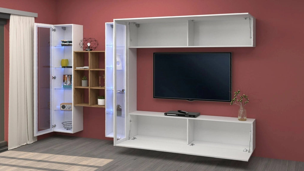 Mobile Soggiorno Alezio, Parete Attrezzata 18 Ripiani Made in Italy, 280x30x180h cm Bianco Lucido
