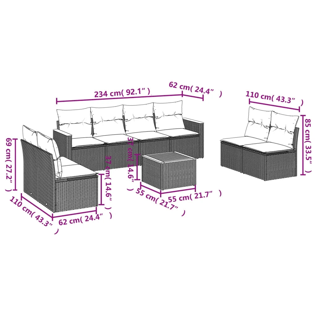 Set Divani da Giardino 9 pz con Cuscini Nero in Polyrattancod mxl 114319
