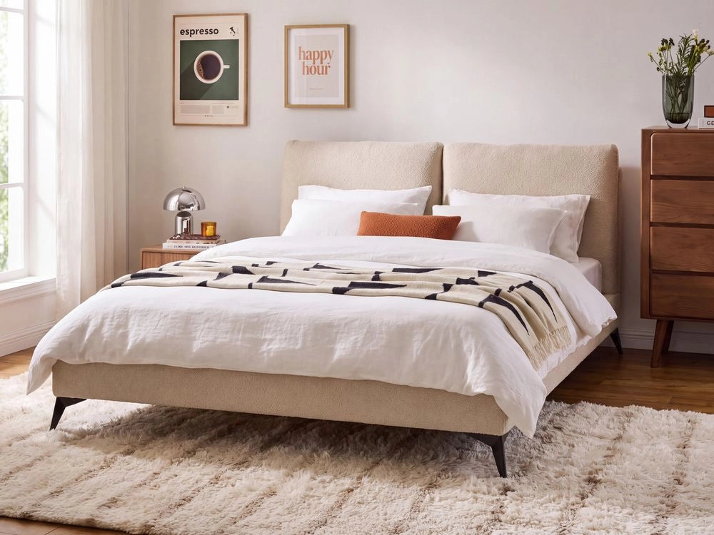 Letto imbottito moderno in bouclè beige 160 x 200 cm con rete a doghe