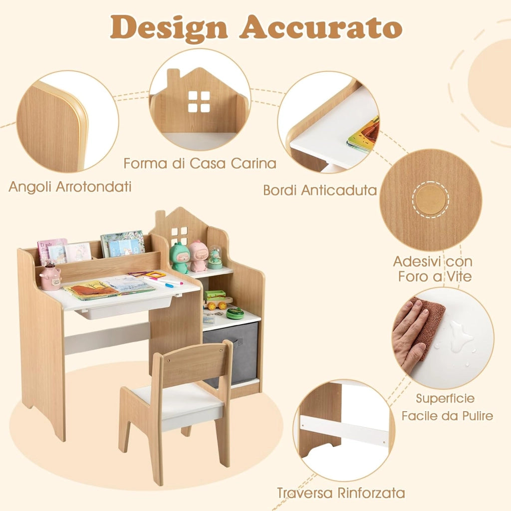 Set Scrivania e Sedia per Bambini 3-12 Anni, Tavolo e Sedia in Legno Salvaspazio con Cassetto in Plastica e Cassetto in Tessuto, Banco Scuola e Seggiola per Cameretta (Naturale)