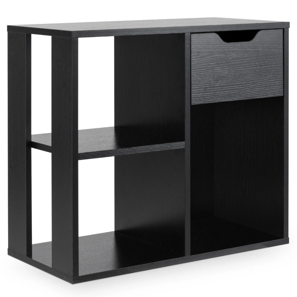 Scaffale di stoccaggio espositivo in legno a 2 livelli per soggiorno, Libreria a 3 cubi con cassetto estraibile Nero