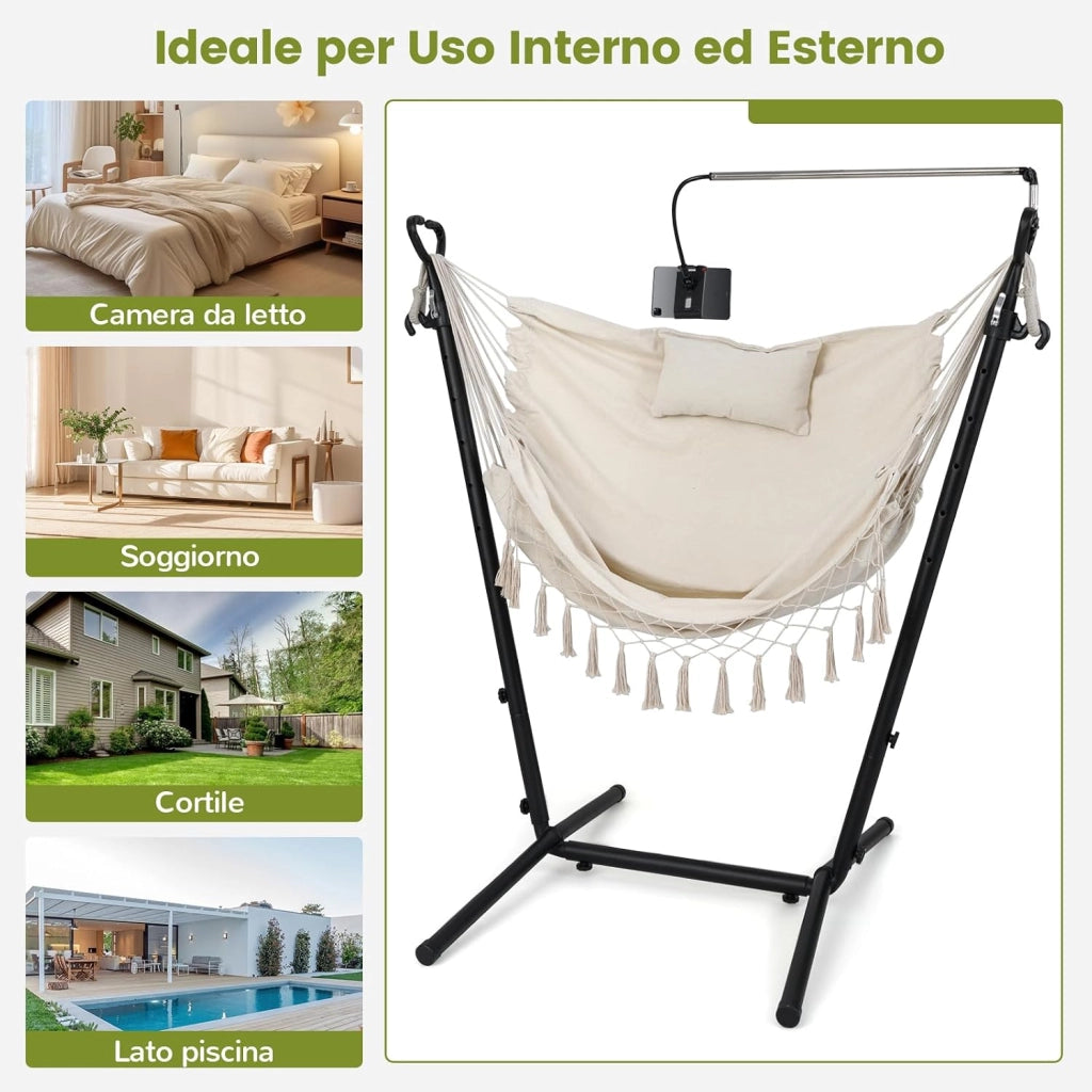 Sedia Amaca Sospesa con Supporto, Sedia Sospesa Regolabile in Altezza 6 Livelli, Supporto Porta Cellulare, Tasca Laterale, Cuscino, Portata 250 kg (Beige)