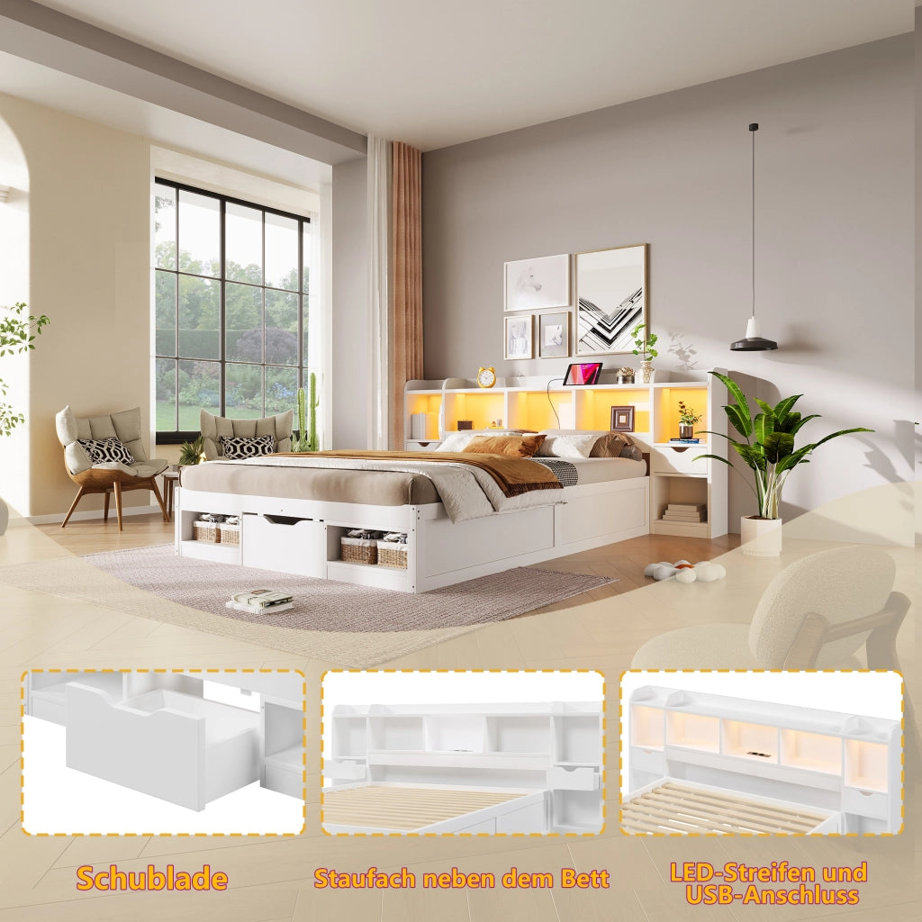 Letto a piattaforma 140x200 cm con vani; 3 cassetti; LED e USB; bianco