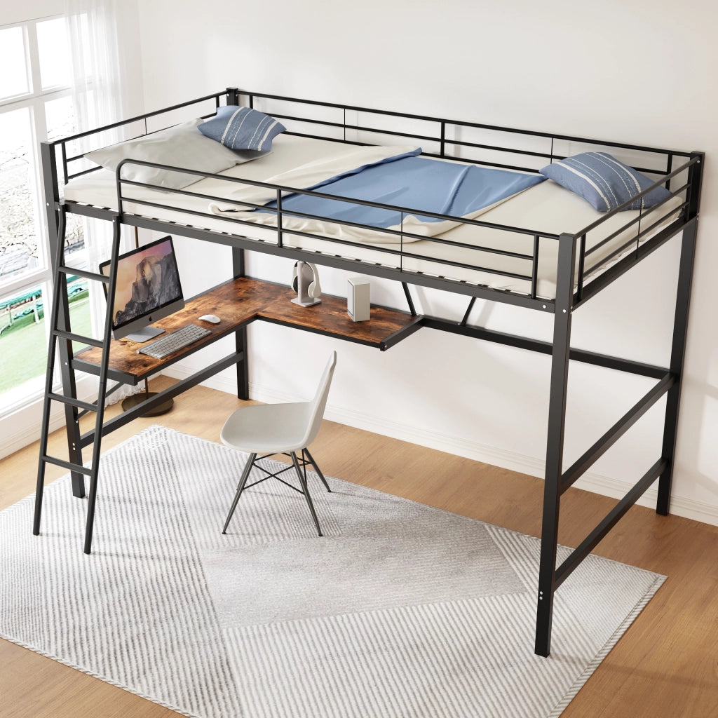 Letto a soppalco 90x200 cm in metallo con scrivania a L e mensola, nero