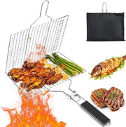 Griglia per pesce, griglia a gas con maniglia di legno 430 griglia in acciaio inossidabile Griglia a gas con maniglia di legno Oxford-borsa Griglia portatile per pesce, carne e verdure