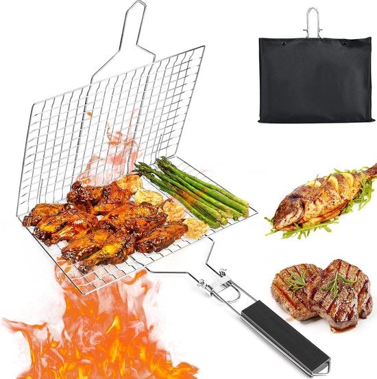 Griglia per pesce, griglia a gas con maniglia di legno 430 griglia in acciaio inossidabile Griglia a gas con maniglia di legno Oxford-borsa Griglia portatile per pesce, carne e verdure