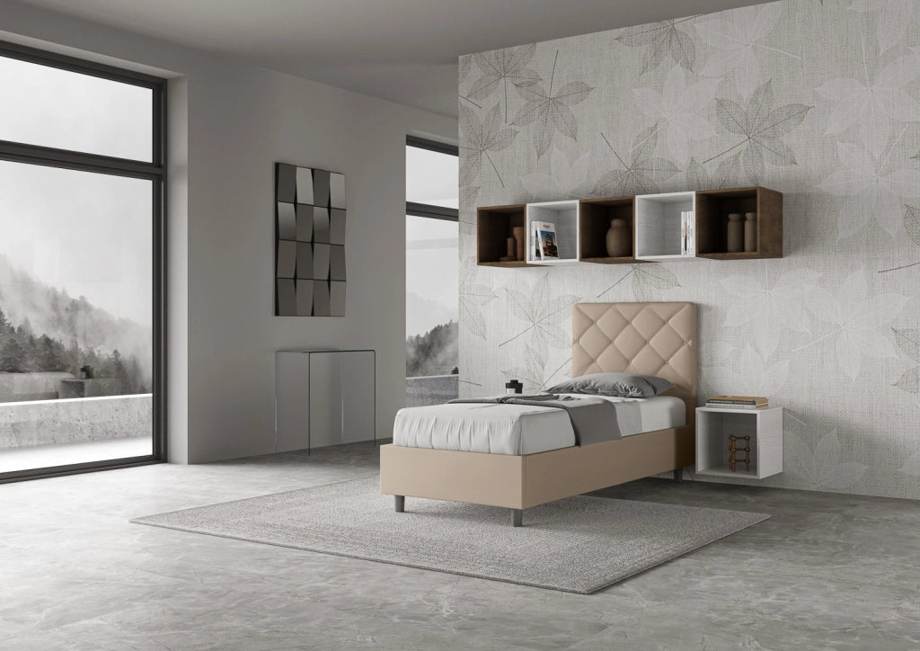 BS COM Letto singolo con rete imbottito 80x200 similpelle tortora