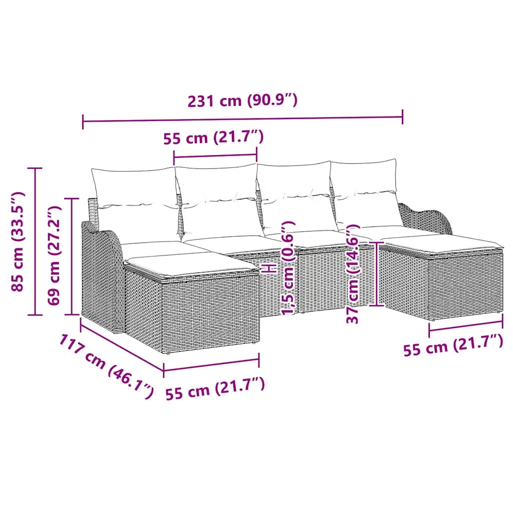 Set Divano da Giardino con cuscino 6 pcs Nero Poly Rattan 3345813