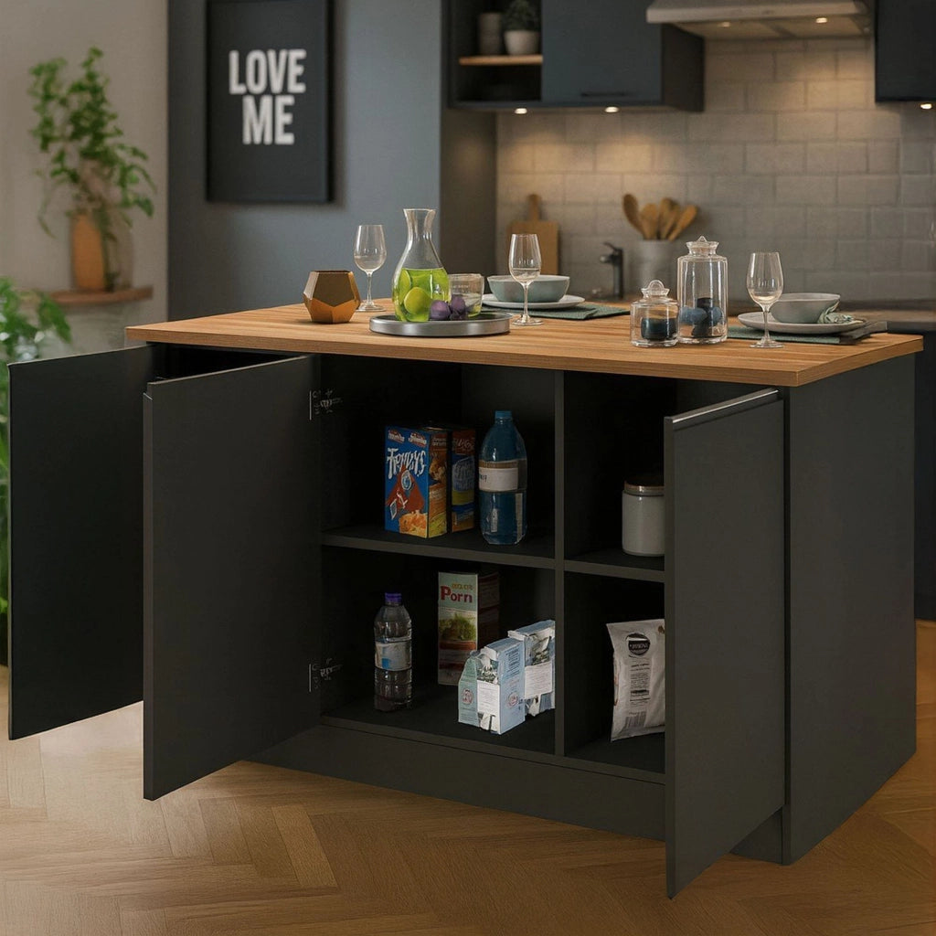 Isola da cucina Tartaro, Tavolo ausiliario portaoggetti, Mobile da cucina a 3 ante, 100% Made in Italy, 155x90h90 cm, Antracite e Rovere