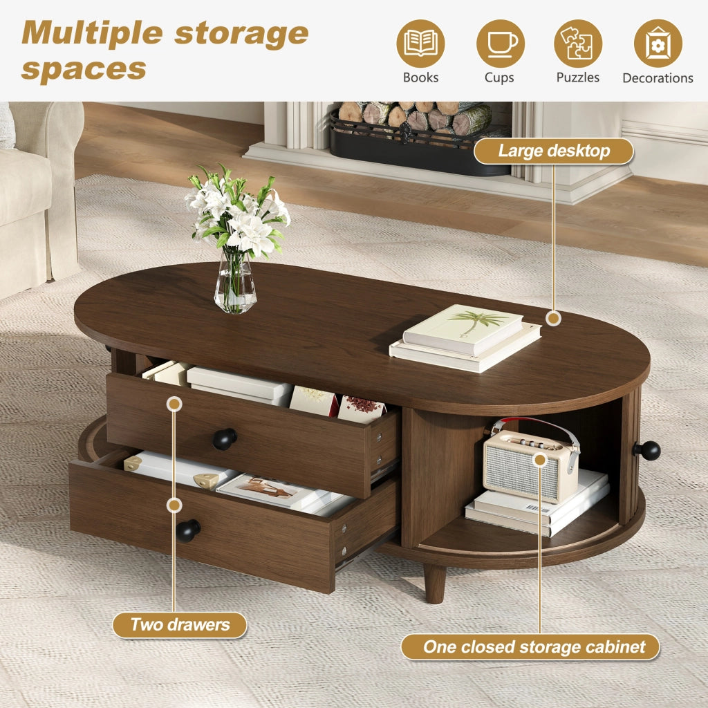 Tavolino basso con 2 cassetti e ante scorrevoli, in MDF con gambe in legno massello, noce 100 × 50 × 36 cm
