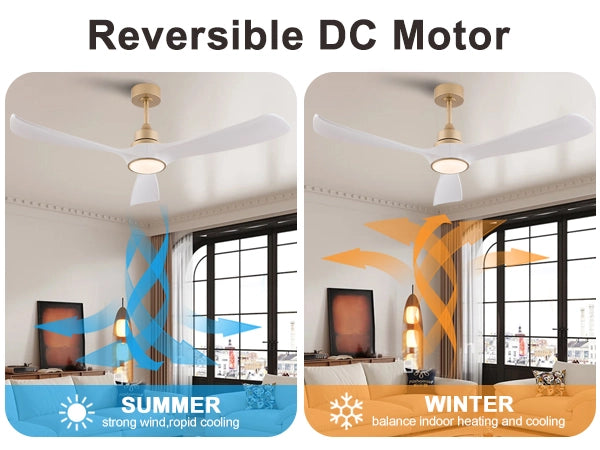 Ventilatore da soffitto bianco-oro 52 pollici con luce e telecomando, funzione memoria, motore DC silenzioso reversibile, 3 pale ABS