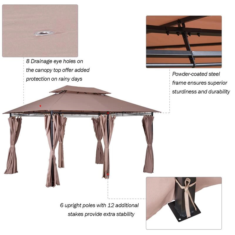 GAZEBO IN ACCIAIO CON DOPPIO TETTO E TENDE IMPERMEABILI COLOR CACHI 4 X 3 M
