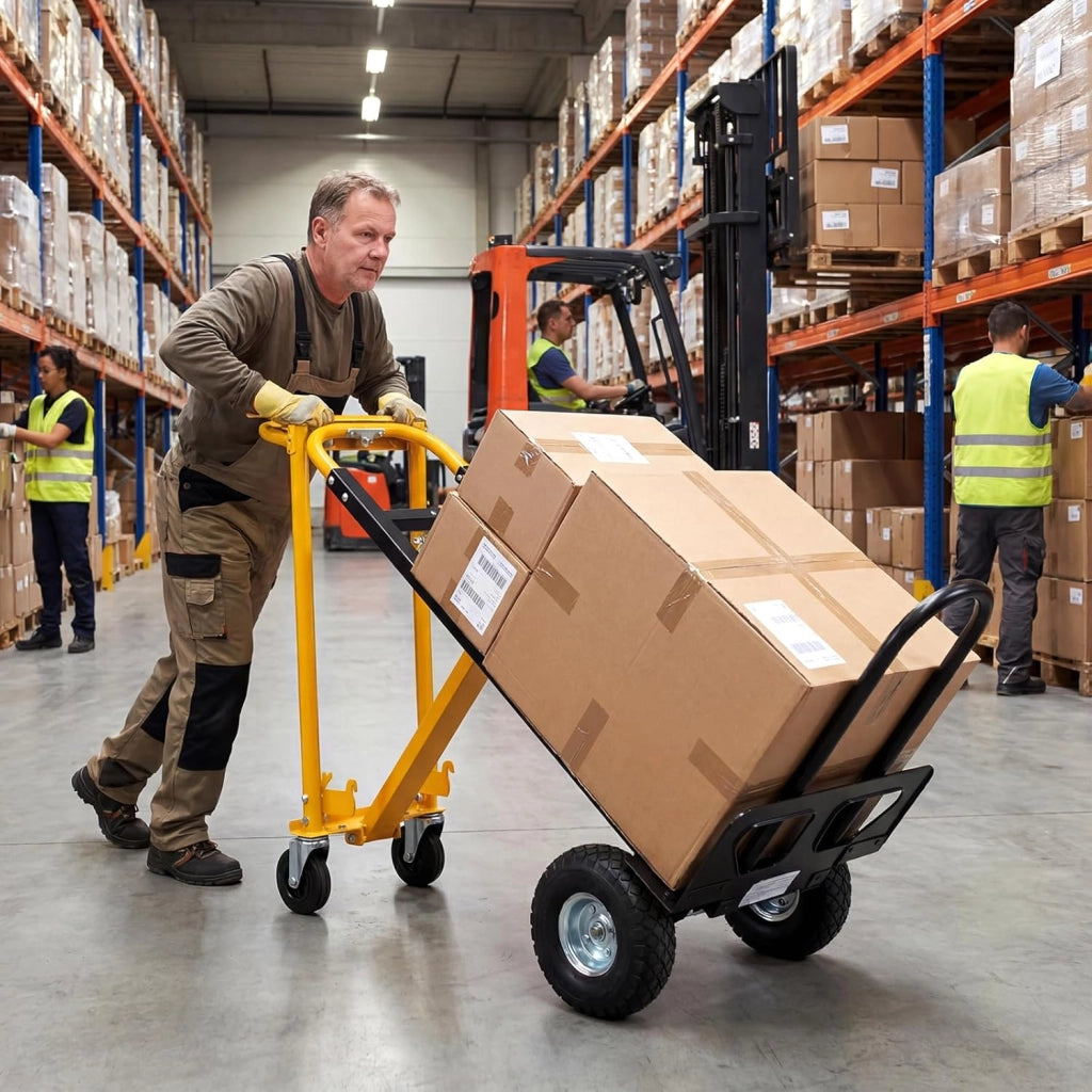 Carrello a Mano 3 in 1, Carrello Pieghevole Trasportatore in Acciaio con Ruote in Gomma Pneumatiche e Manico Ergonomico, Carico 136 kg, per Uso Domestico, Industriale e Magazzino