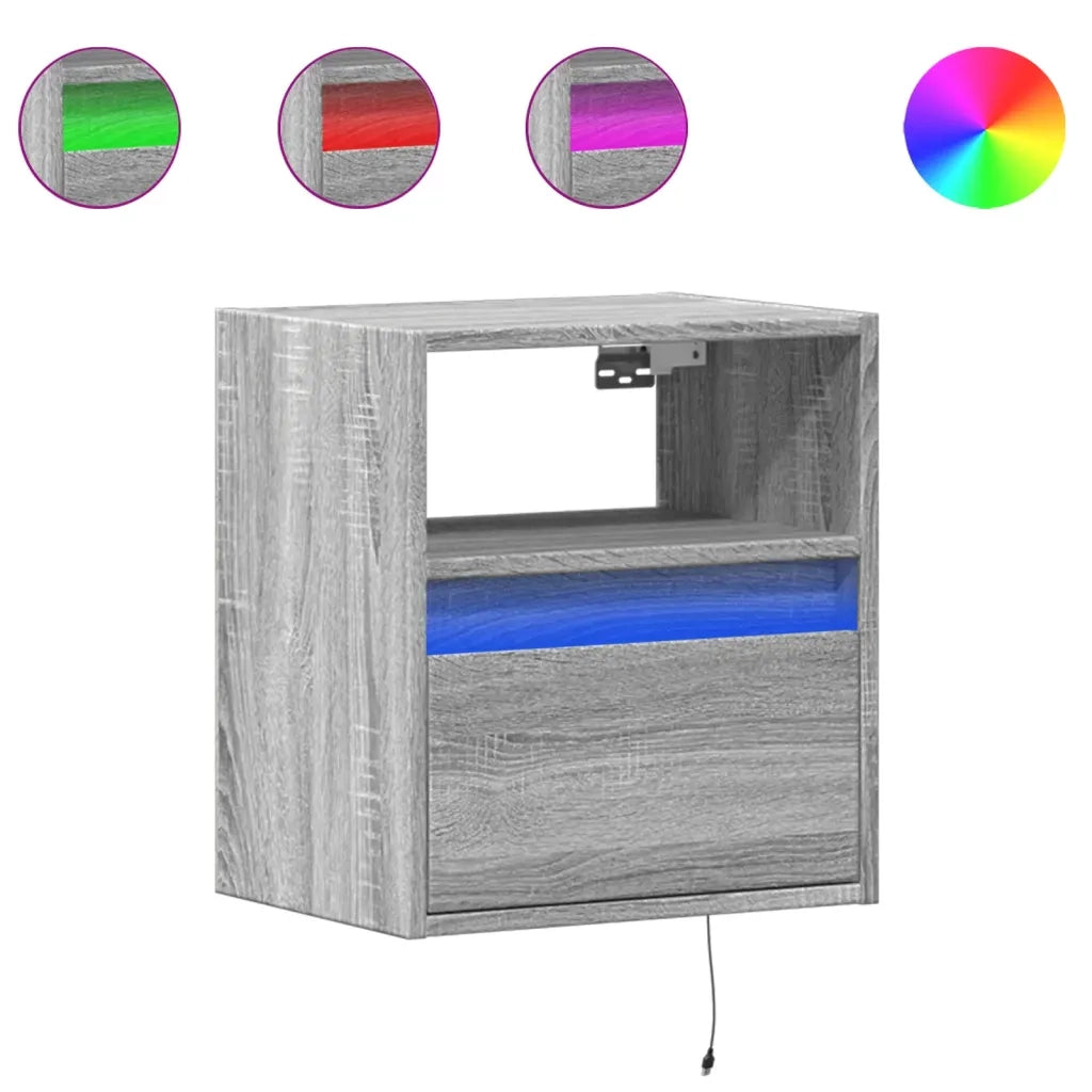 Set di 2 Comodini | Armadio da Notte | Mobiletto da notte a Parete con luci LED Grigio Sonoma