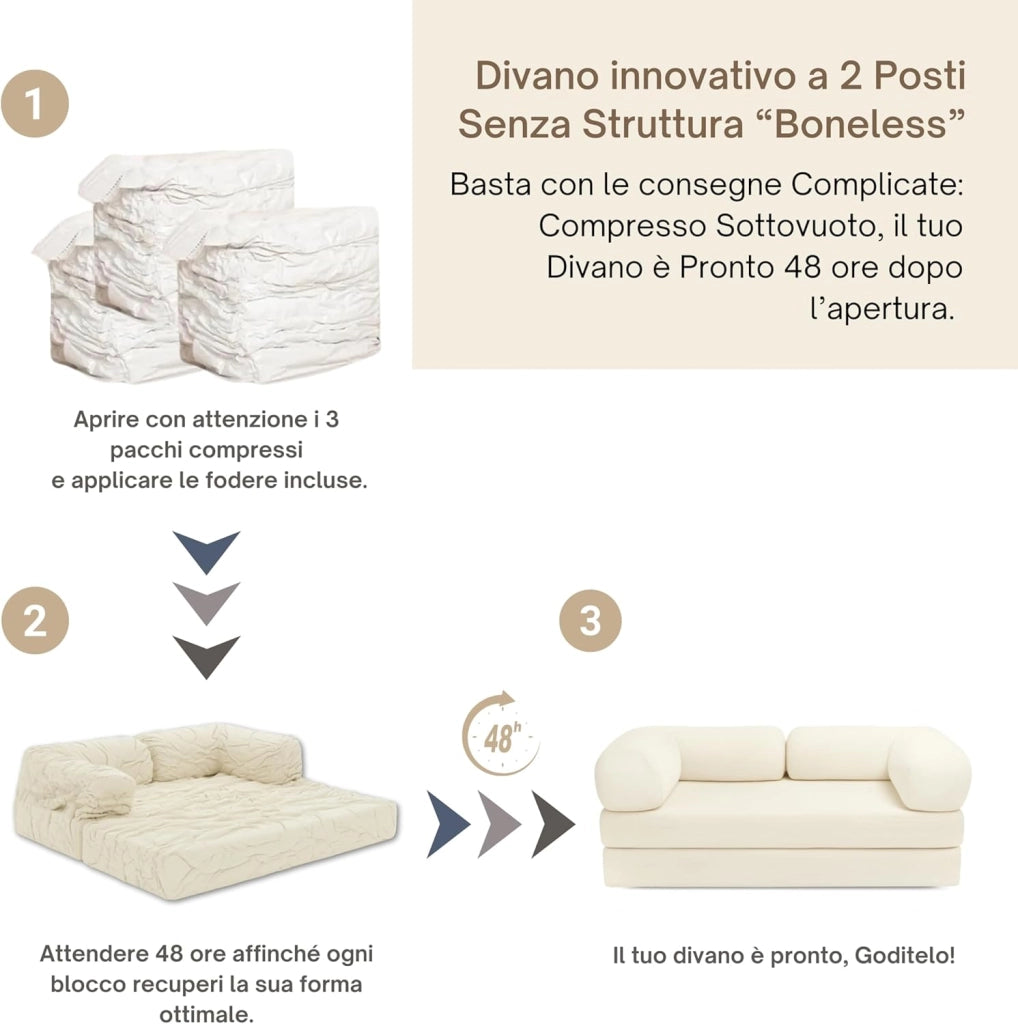 Divano 2 Posti Prodotto in Francia - Divano Letto Modulare in Schiuma ad Alta Densità e Tessuto in Velluto a Coste - Design Innovativo Boneless Couch, Spedito Compresso (Ecru)