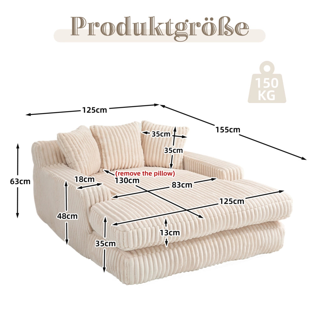Poltrona chaise longue 125x155x63 cm con 3 cuscini; in cord beige