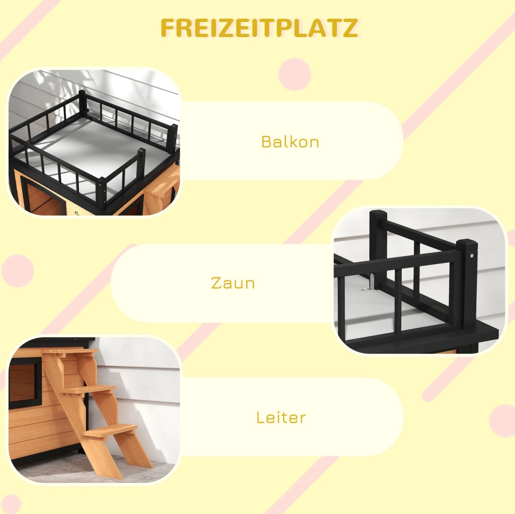 Cuccia rialzata per cani con terrazza e finestre; 121 x 77 x 78 cm; gialla