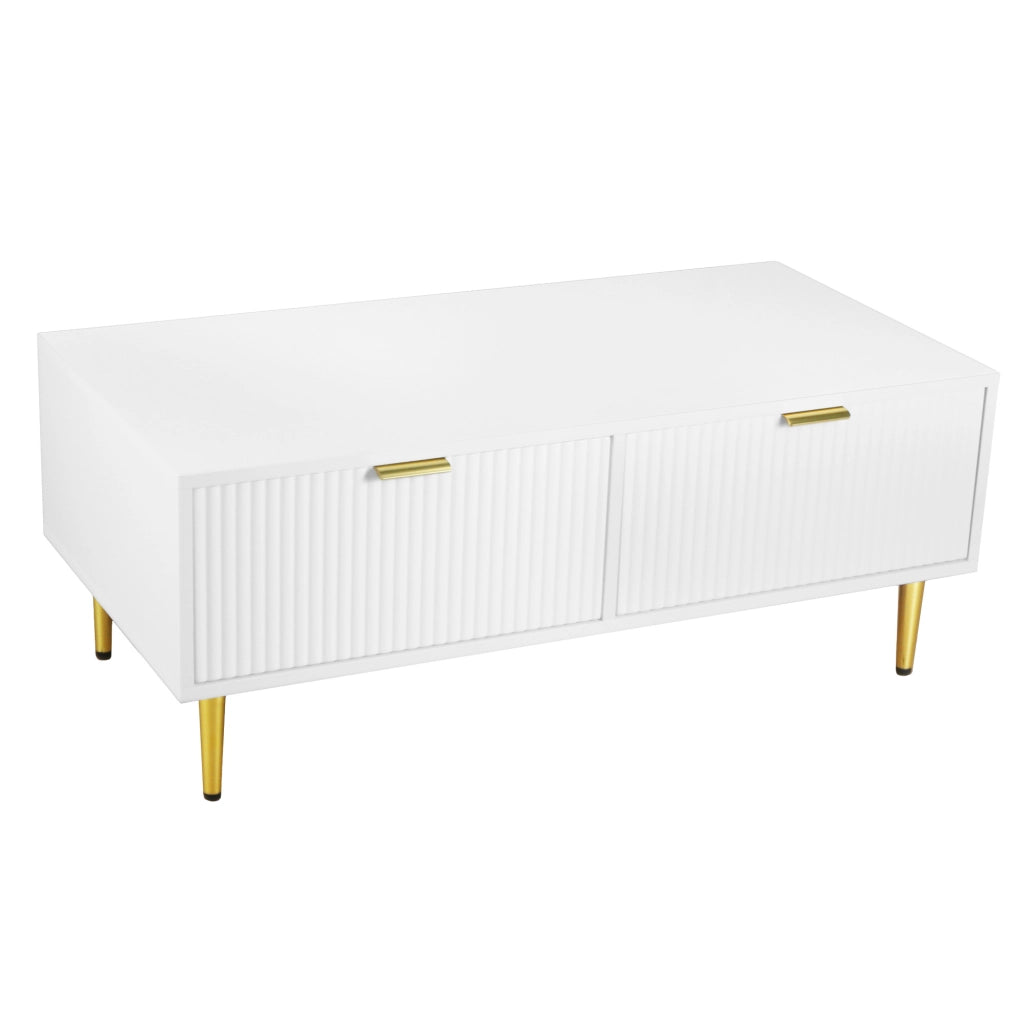 Tavolino da caffè bianco 100x50x40 cm con 2 cassetti; dettagli oro; MDF