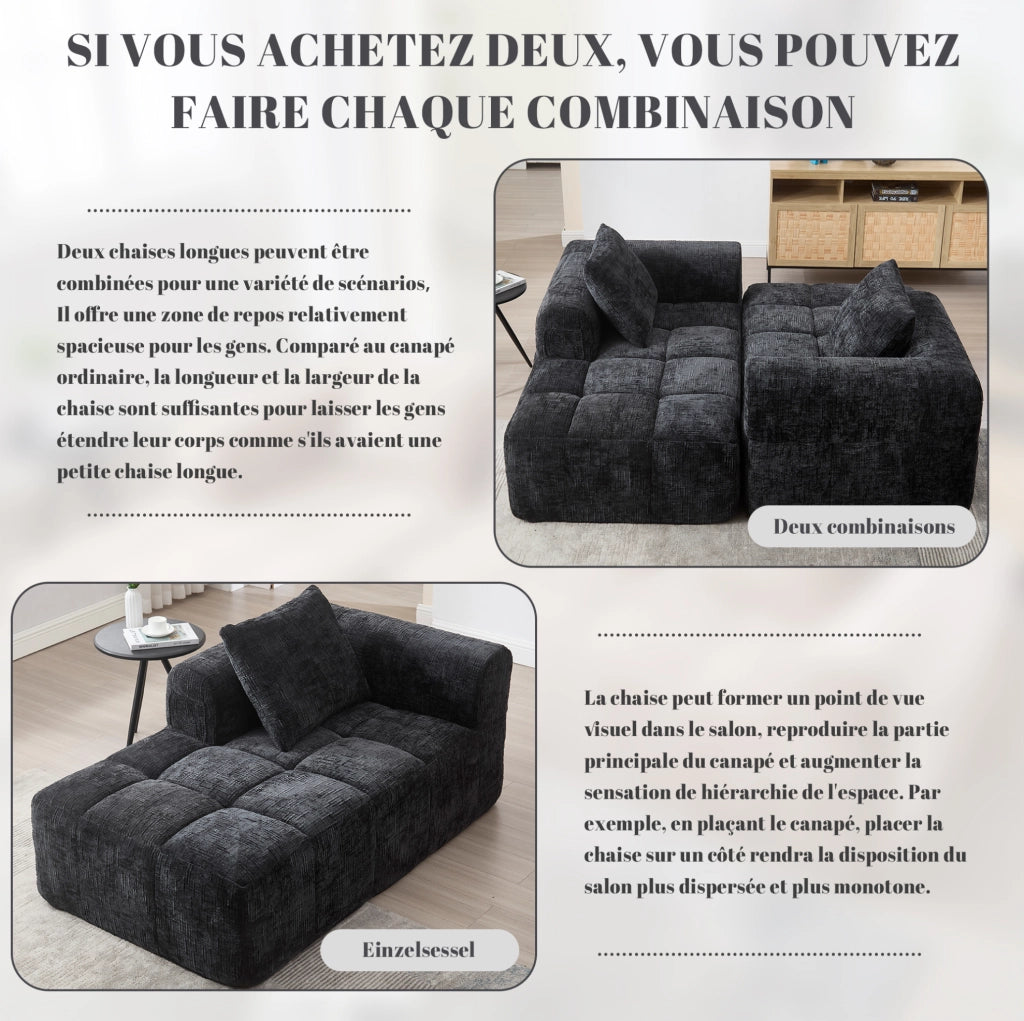 Divano Chaise Lounge Nero con Cuscino, Tasche Laterali e Rivestimento Morbido 158x90x60 cm