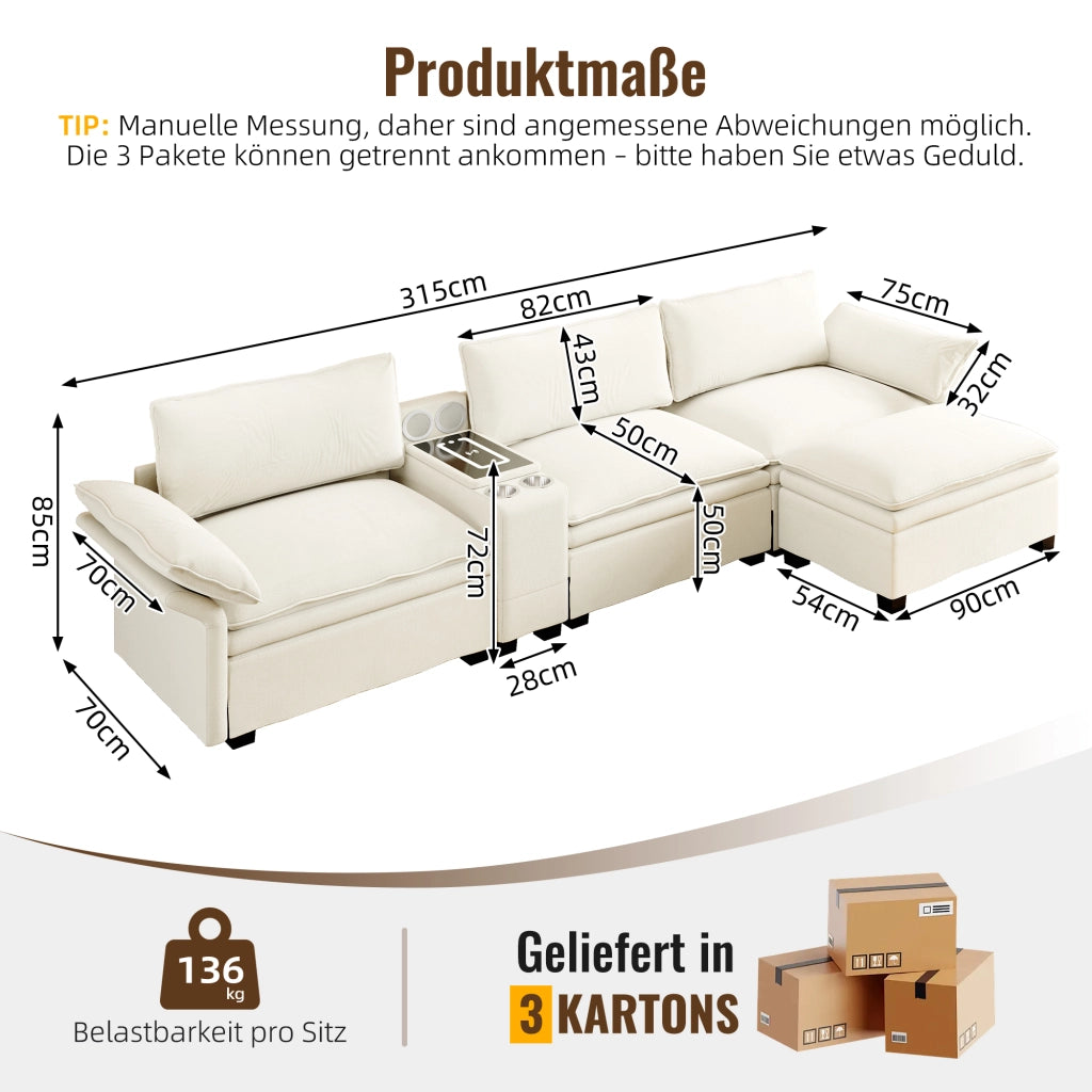 Divano angolare modulare 4 posti con contenitore ricarica wireless audio bluetooth e luci in chenille beige e bianco